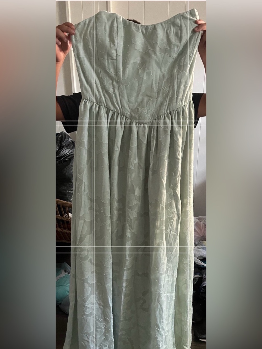 Lulu's Sage Green Strapless Floral Jacquard Maxi Dress